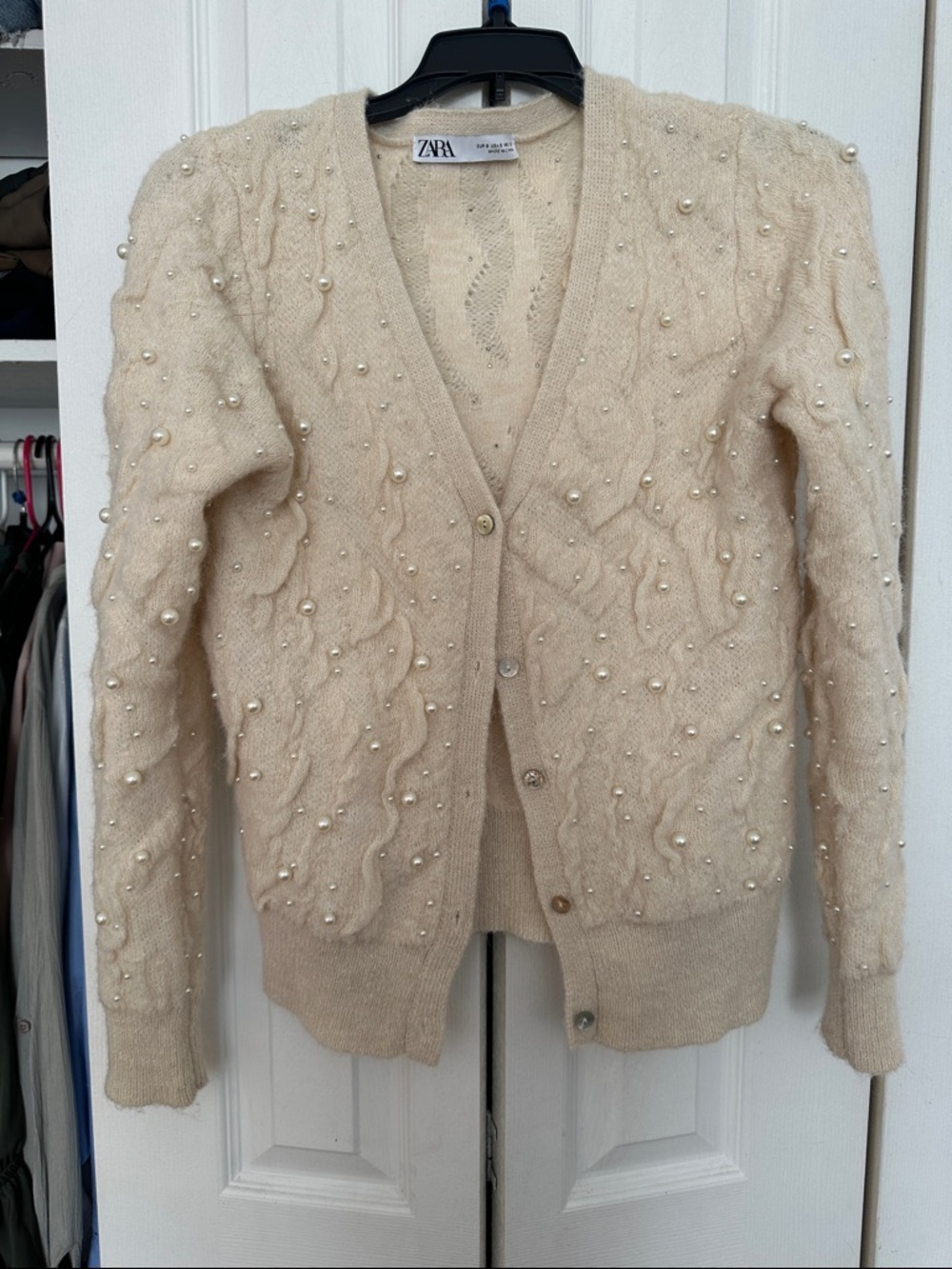 Zara Cream Pearl-Embellished Cable Cardigan